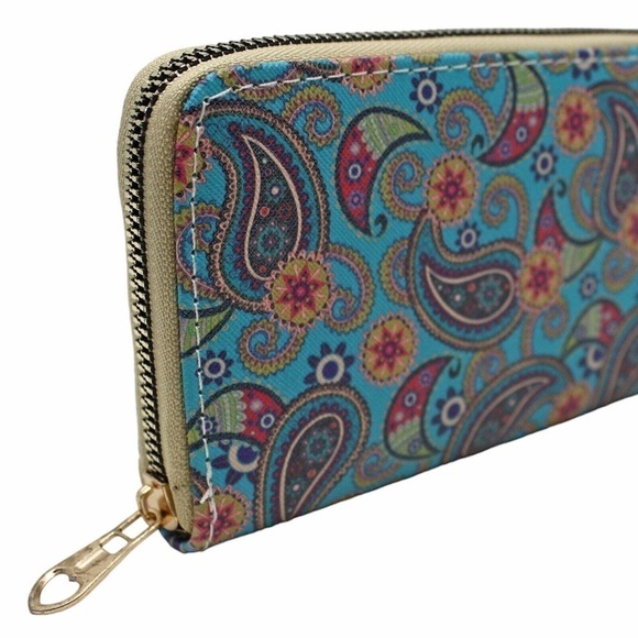 Turquoise Paisley Print Zip Wallet Clutch Easy to Hold and Carry 8 x4" - Hey Viv - Picture 3 of 5